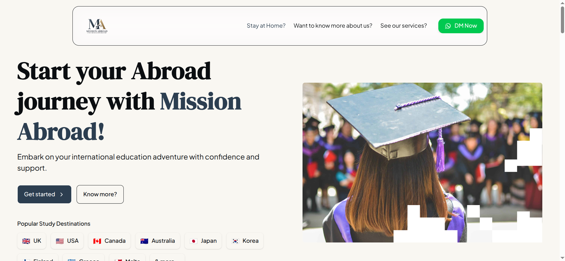 Mission Abroad education consultancy website built with TALL stack and SEO architecture by Nunam Rai